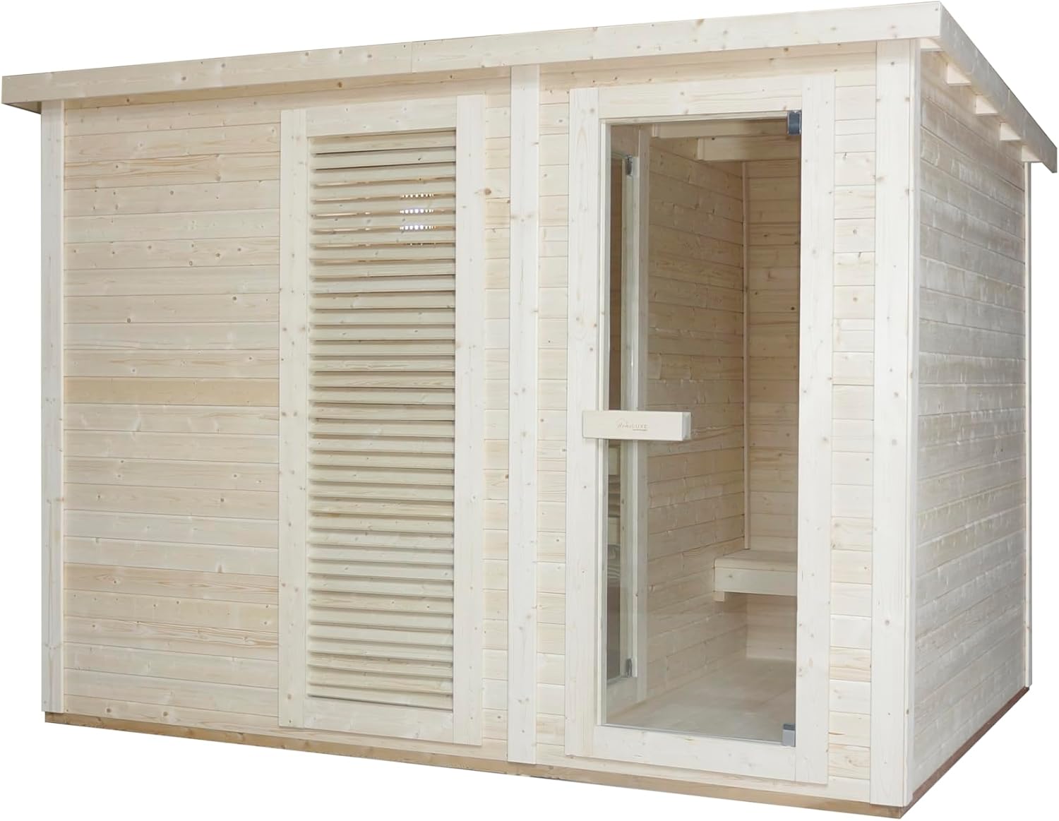 SANOTECHNIK Outdoorsauna VAASA – Außensauna für 4–6Personen 310×230×219,5cm, Harvia8kW Ofen, Thermo-Fichtenholz, ESG-Glas – Art.Nr. F30130