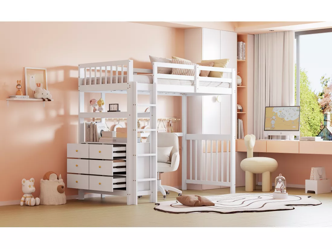 Lit mezzanine 90 x 200 cm avec avec bureau, étagère & 6 tiroirs - bois de pin et MDF - blanc (sans matelas)