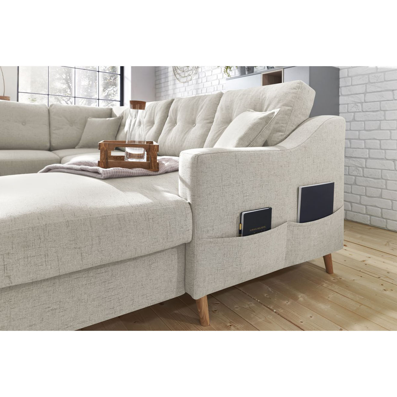 Bobochic Canapé d'angle panoramique convertible droit Sweden lin beige - 300x149/90/198x95 cm