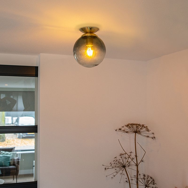 Art deco plafondlamp messing met oceaanblauw glas - Pallon