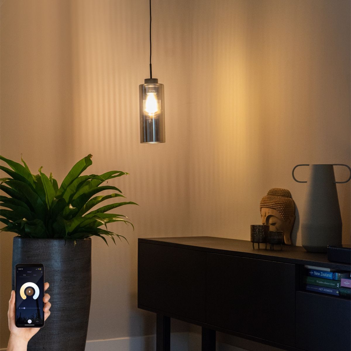 Smart hanglamp zwart met smoke glas incl. Wifi ST64 - Laura