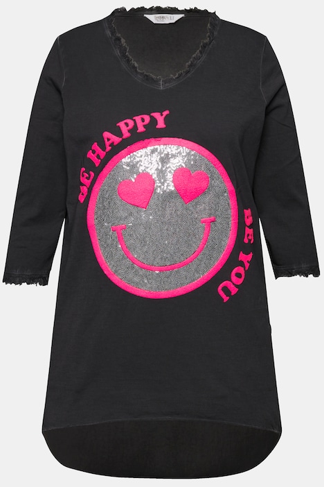 T-Shirt, A-Linie, Pailletten-Smiley, V-Ausschnitt, 3/4-Ärmel