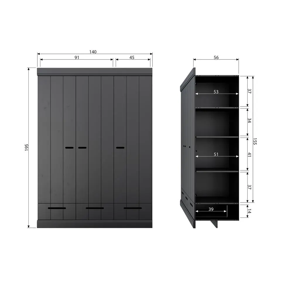 WOOOD Connect Kledingkast 3-Deurs met Lade - Grenen -Zwart- 195x140x53