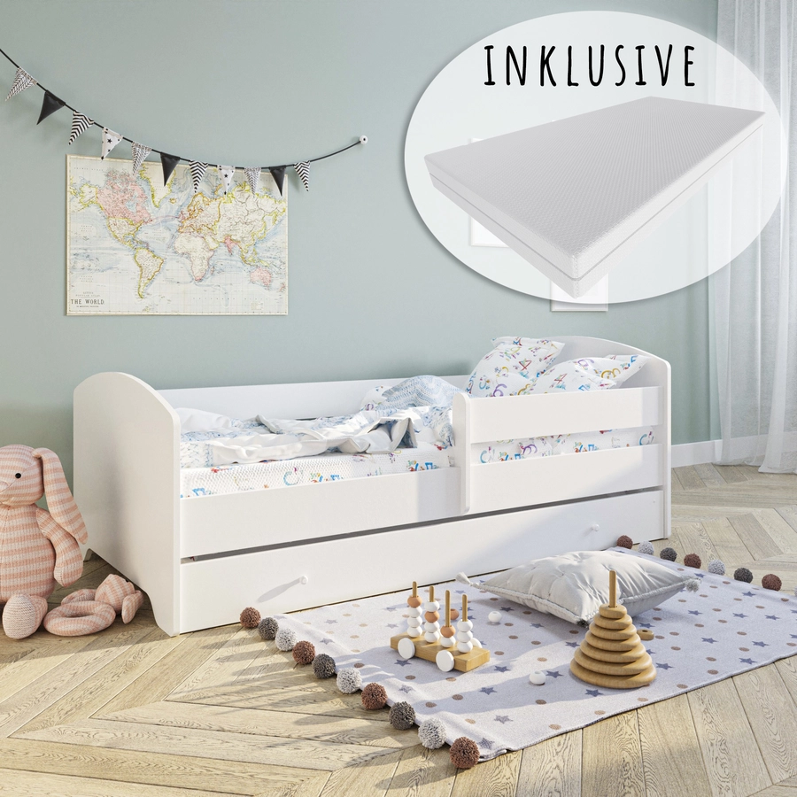 Kids Collective Kinderbett 70x140 | 80x160 cm mit Matratze und Schublade, Rausfallschutz weiß