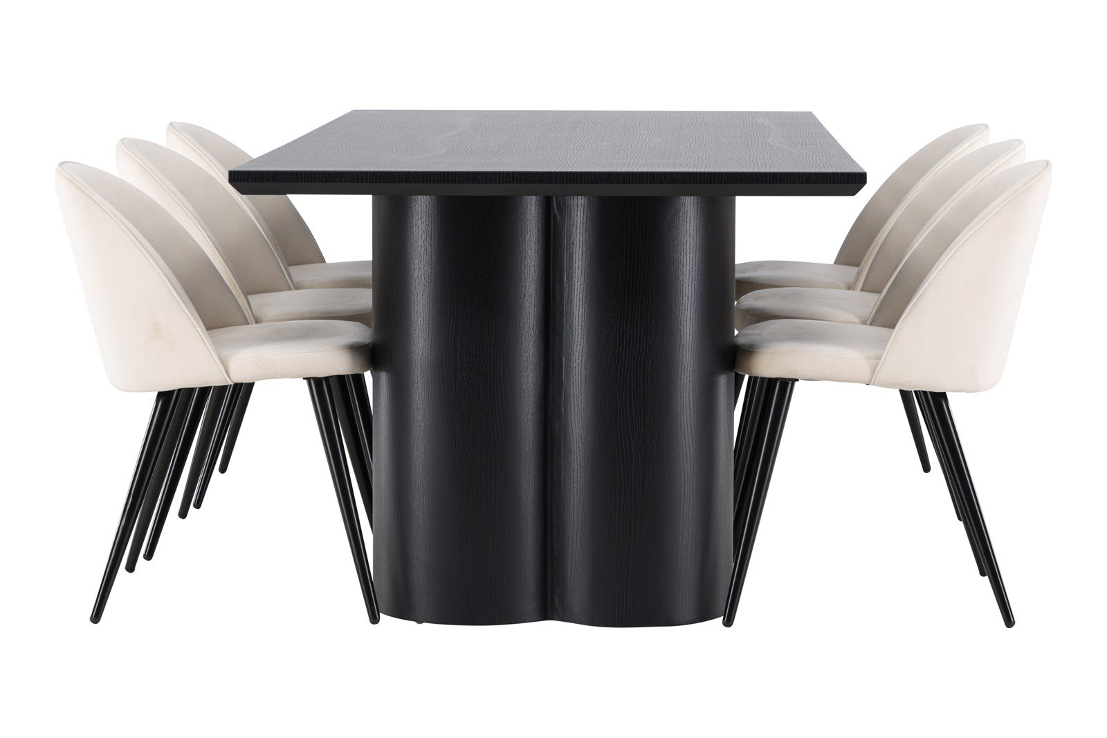 Olivia og Velvet Spisegruppe Olivia spisebord i mocca med 6 stk. Velvet spisestoler i Beige spisestoler i sorte ben.