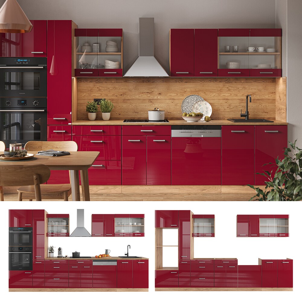 Vicco Küchenzeile Küchenblock Einbauküche R-Line 350 cm Eiche Bordeaux Hochglanz Küche