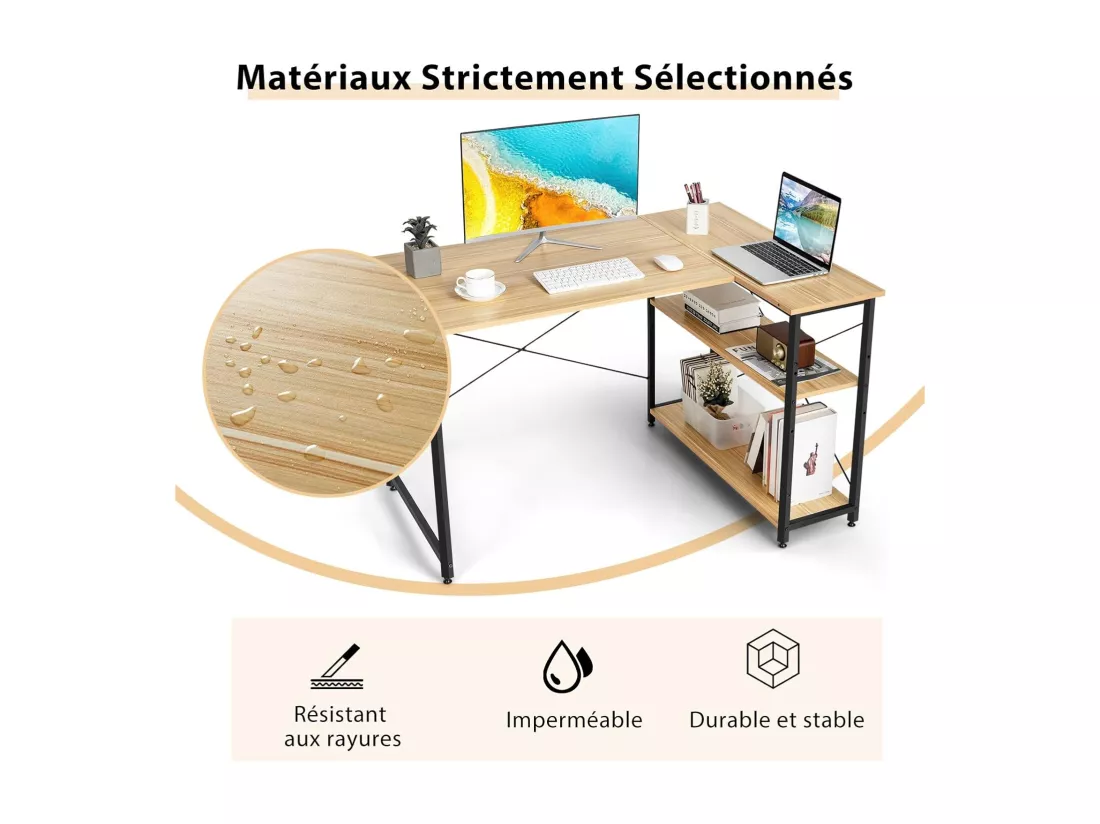 Bureau d'angle en Forme L Réversible, Poste de Travail avec Étagères de Rangement, 120 x 88 x 74,5 cm, Peu Encombrant, pour Maison, Bureaux (Naturel)