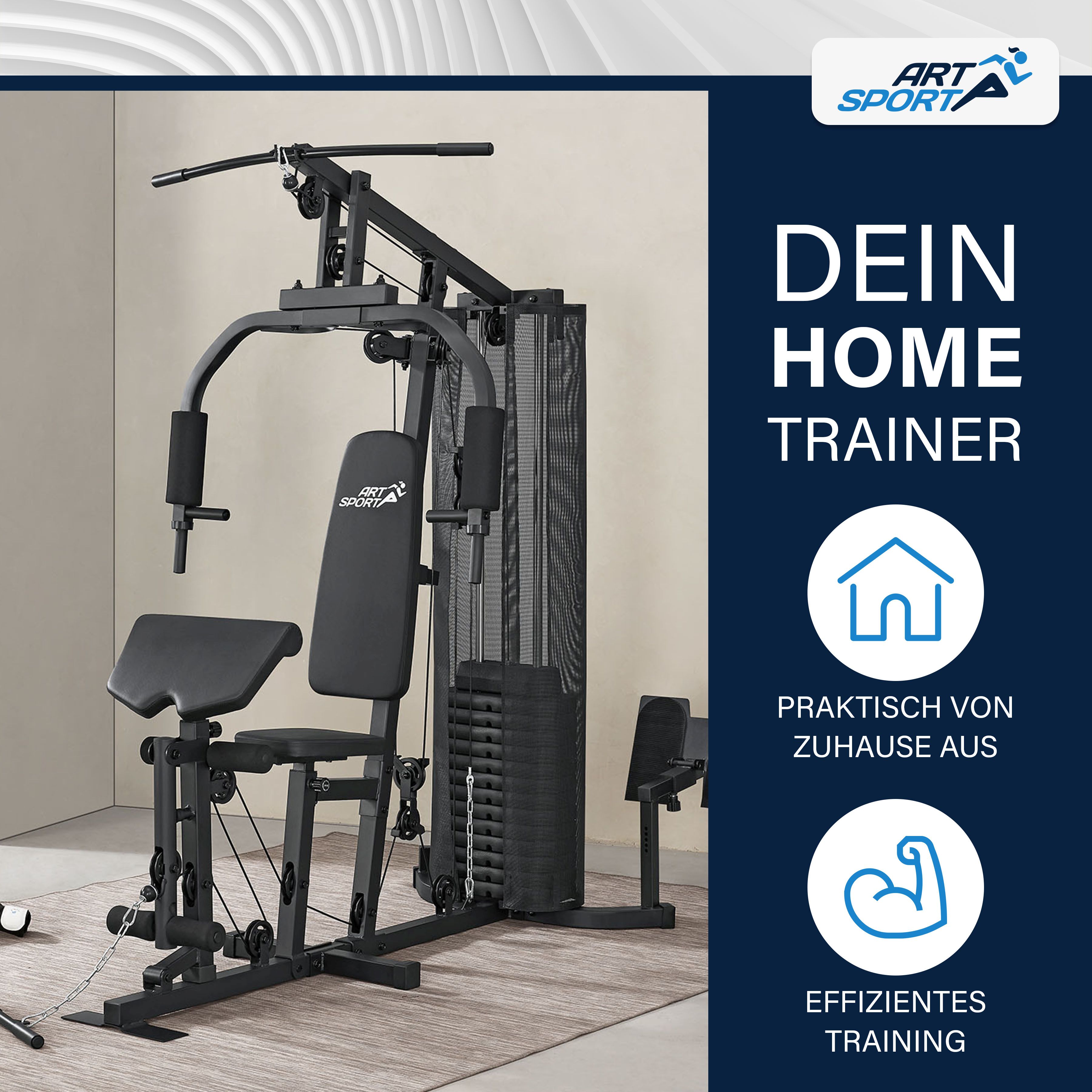 ArtSport Kraftstation ProfiGym 3000 mit 14 Gewichten, 77 kg - Bizeps, Lattzug, Butterfly - Schwarz