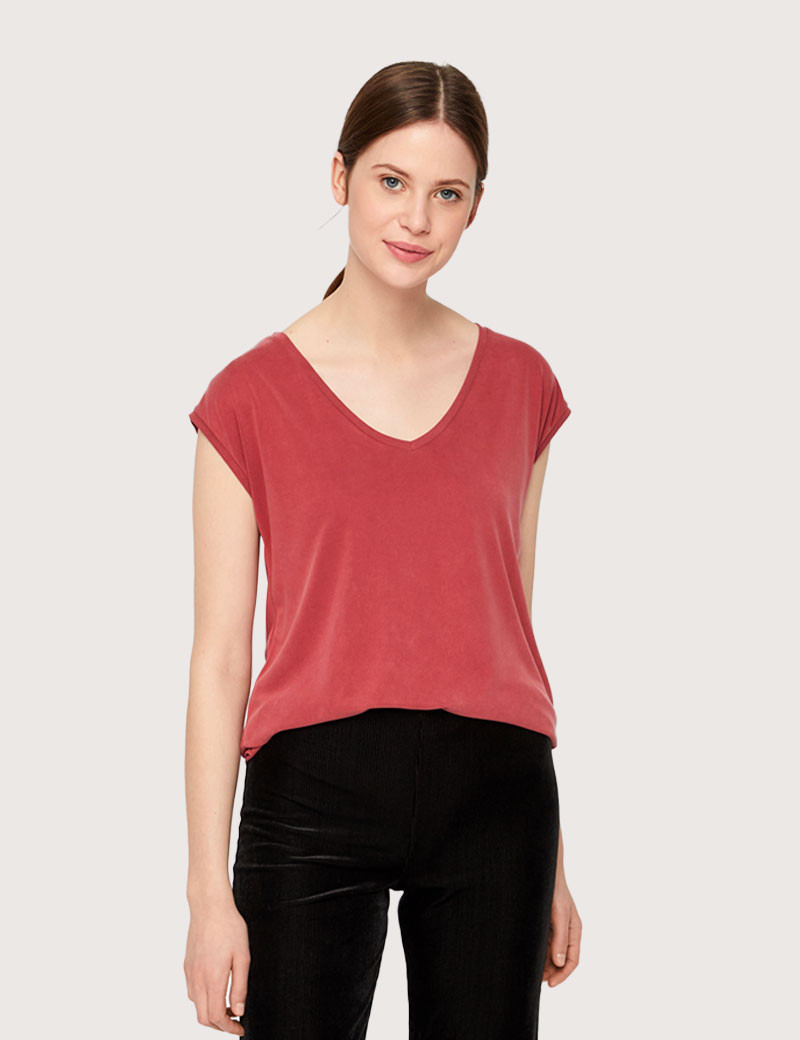 PIECES T-SHIRT COL V KAMALA ROUGE FONCÉ
