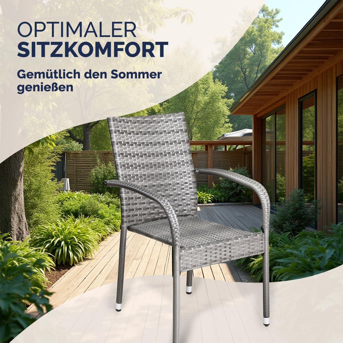 Casaria® Gartenstühle 4er Set Stapelbar Wetterfest Polyrattan Outdoor 160kg Garten Terrasse Balkon Stuhl mit Armlehne Gartensessel Stapelstühle Grau