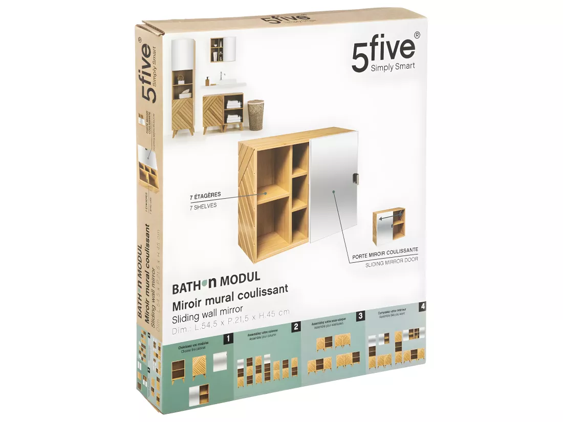 Meuble Salle de Bain Porte coulissante Miroir 7 Etagères en Bois H 45 cm