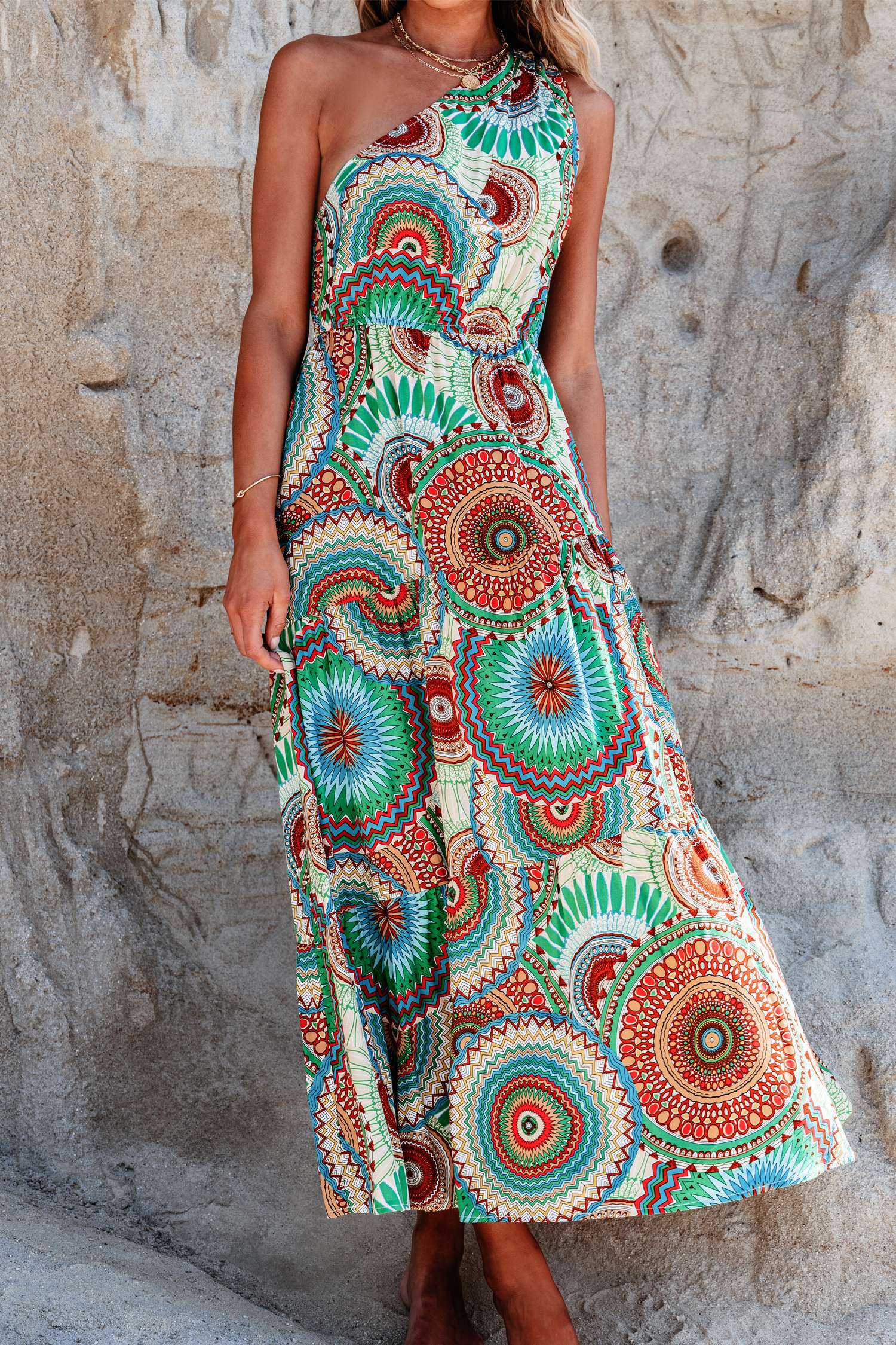 Robe maxi à une épaule boho verte