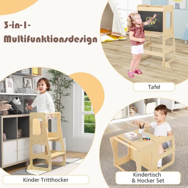 3 i 1 læringstårn for barn sammenleggbar krakk & tavle & bordsett for barn fra 1 år stående tårn naturlig