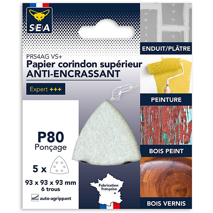 Papier abrasif anti-encrassant delta 93 x 93 mm grain 80, lot de 5