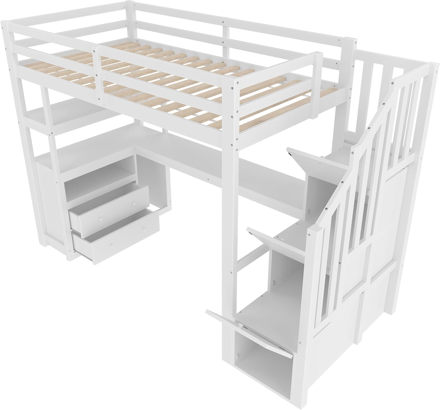 Hochbett mit Schreibtisch und Treppe, Etagenbett Kinderbett mit Stauraumschubladen und Regale, 90x200cm Stockbett Funktionsbett Kinderhochbett Jugendhochbett, inklusive Lattenrost, ohne Matratze,Weiß