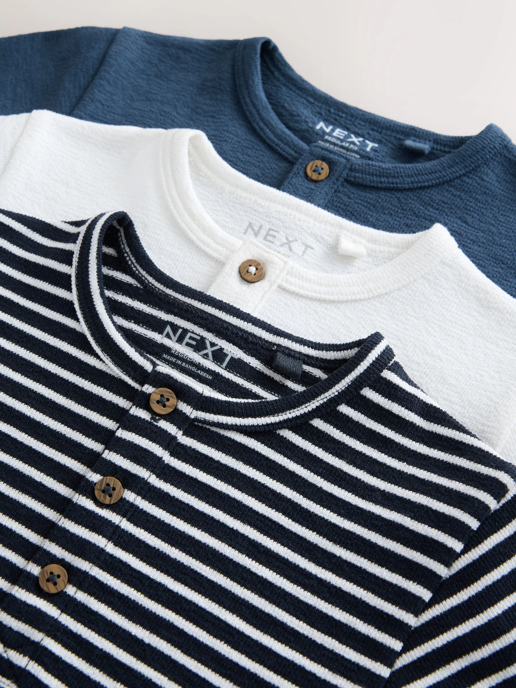 Blauw/marine - Korte mouwen getextureerde henley T-shirts 3 verpakking (3mnd-7jr)