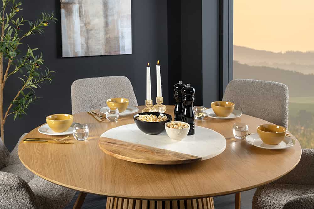 Handgefertigter Drehteller SERVANT 50cm weiß natur Marmor Mangoholz Dekoplatte rund