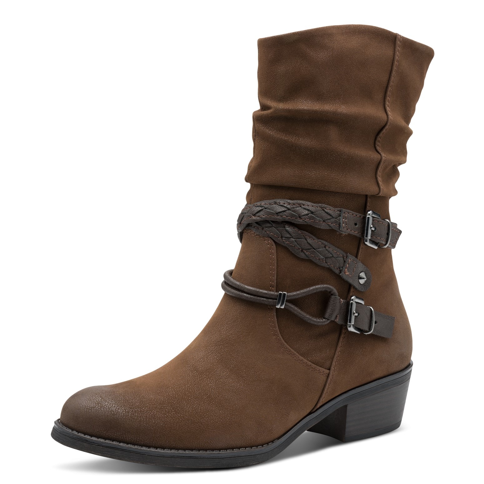 MARCO TOZZI Cowboy Stiefelette  , Blockabsatz, Kurzstiefel, Westernstiefelette mit Flecht-Zierriemchen