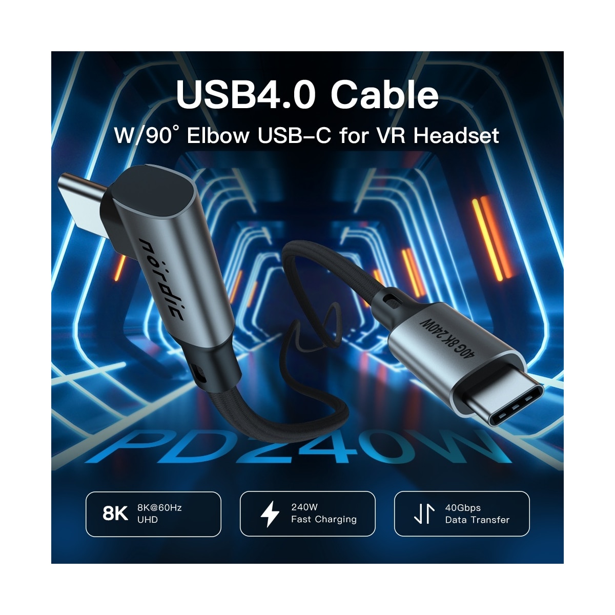 NÖRDIC Vinklet 25 cm USB4 USB-C til C nylonflettet kabel PD3.1 240W 40G 8K60Hz 4K144Hz grå