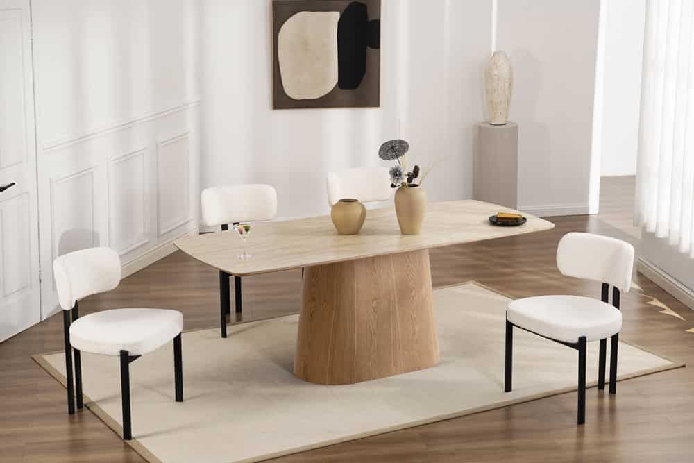 Design Esstisch UNIQUE 200cm natur braun Travertin Keramik Eichenholz Säulenfuß