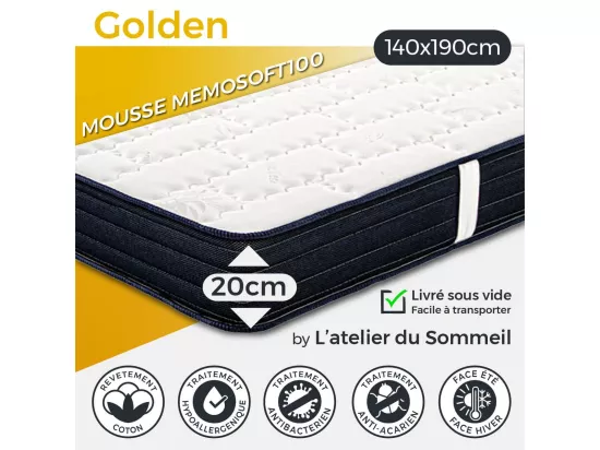 GOLDEN - Matelas 140x190 cm Mousse haute résilience Haute adaptabilité Ep.20cm