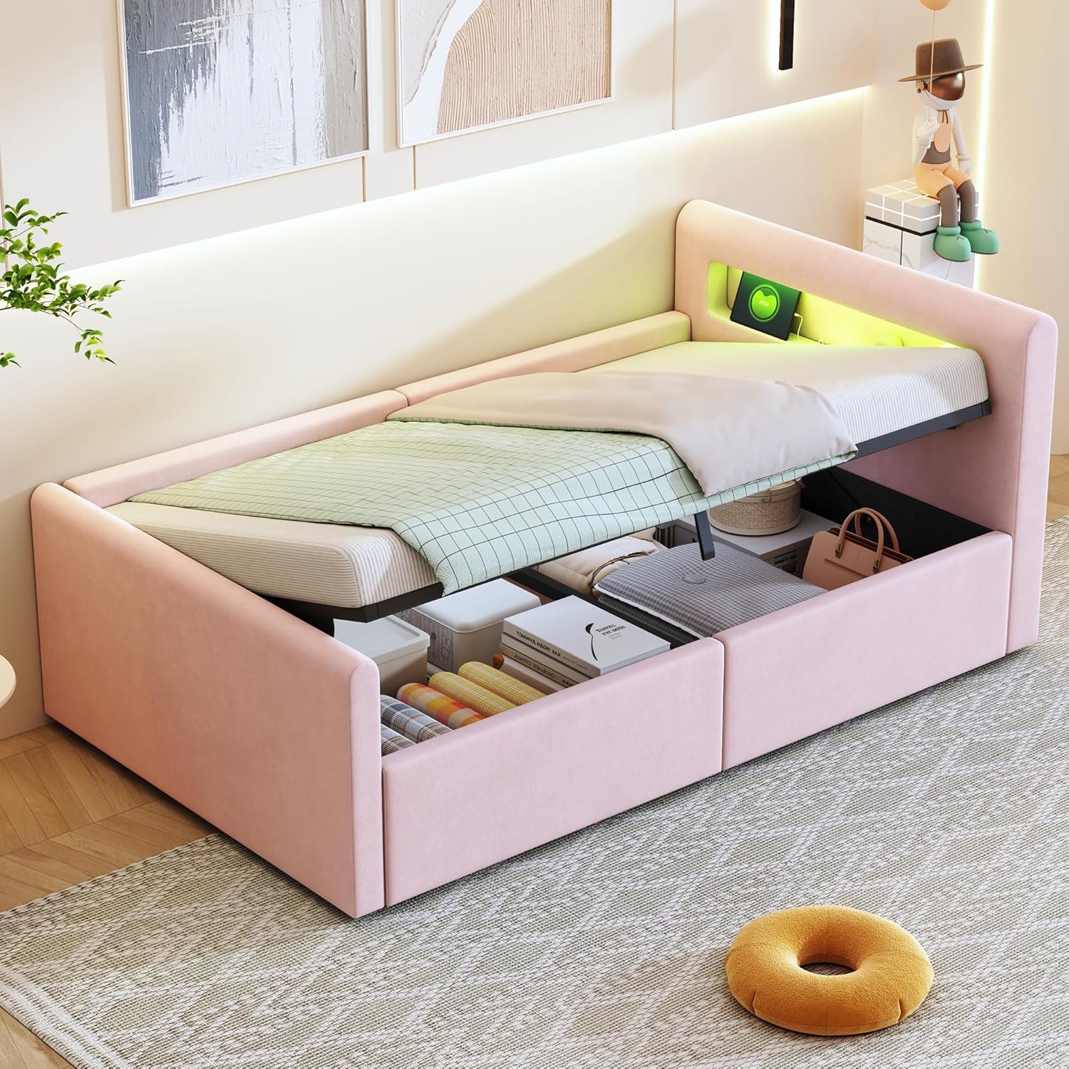 okwish Polsterbett Kinderbett 90x200 cm, Jugendbett mit hydraulischem Stauraum, LED Nachtlicht & USB-Anschluss, Samtstoff, Rosa, ohne Matratze