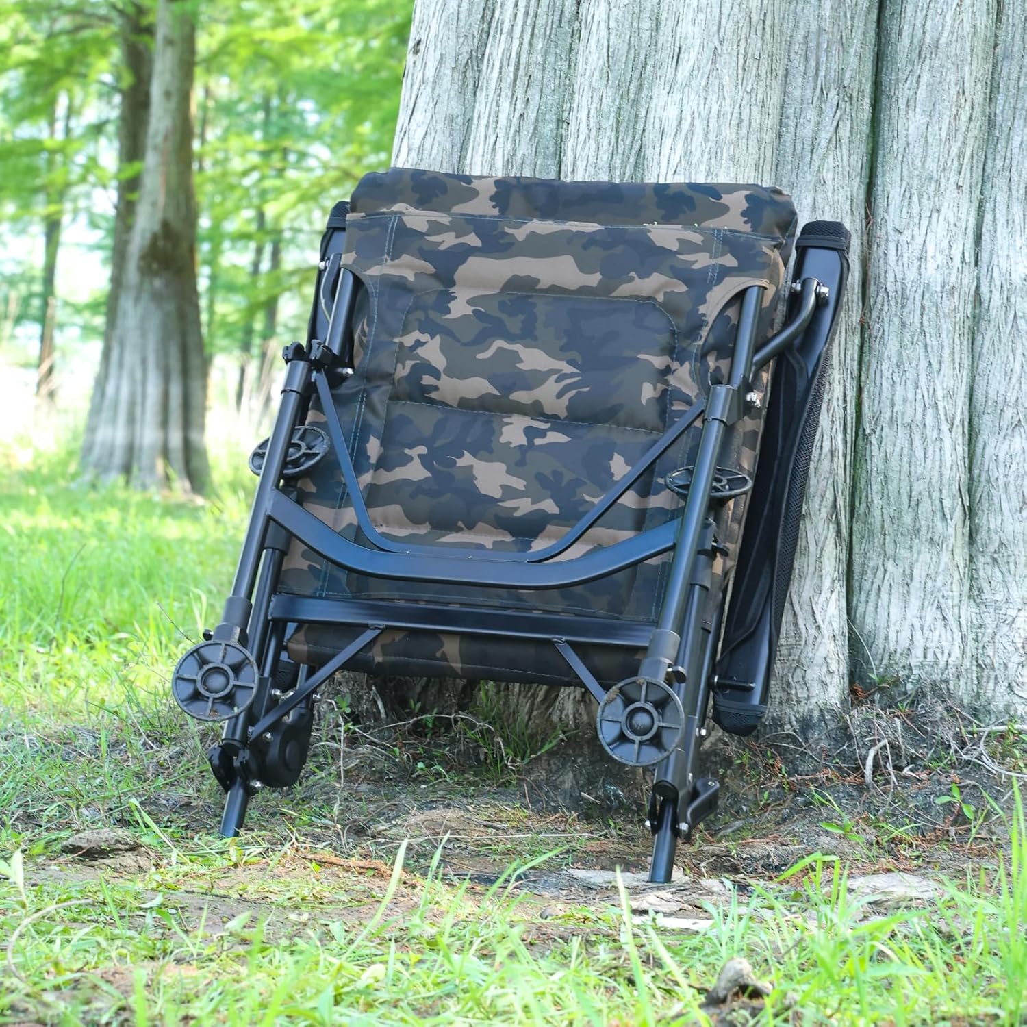 Angelstuhl XL 150kg belastbar, Karpfenstuhl mit Armlehnen, klappbar, bequemer Anglerstuhl mit Armlehne und verstellbarer Sitzhöhe (42cm bis 55cm), Camping Stuhl inkl. extra breiter Sitzfläche