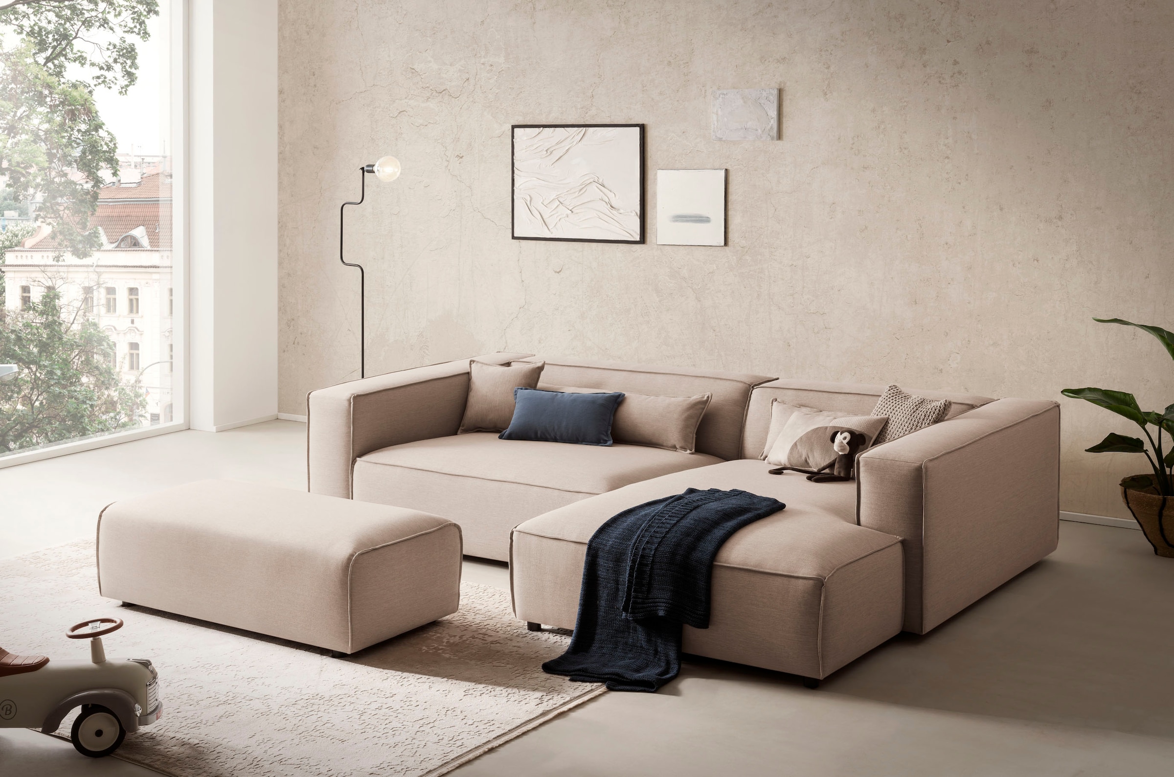 LeGer Home by Lena Gercke Ecksofa »PIARA XXL, L-Form, Schlaffunktion, Cord, Leinenoptik o. Strukturstoff« Hocker stellbar zum Schlafsofa (Krokodilverbinder), tiefe Sitzfläche