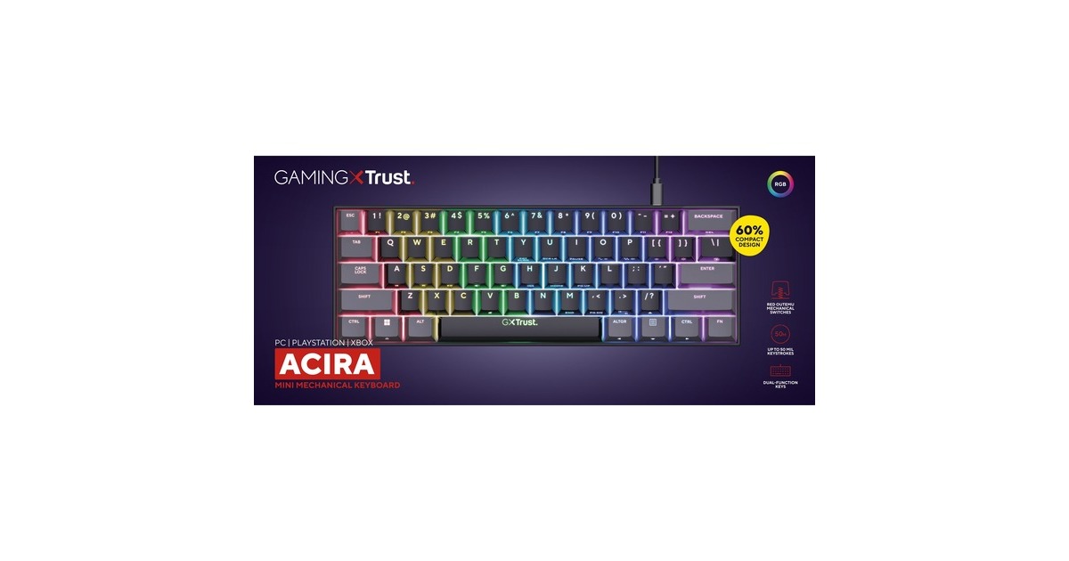 TrustGXT 867 Acira 60% mini mechanisch gaming-toetsenbord, gaming toetsenbord  (Zwart, US lay-out, Outemu Red, 60%, RGB)