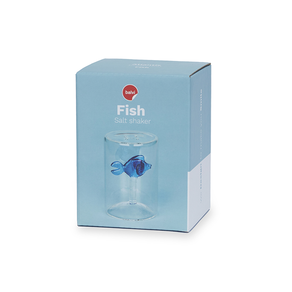 Saleiro Balvi em formato de peixe, azul, feito de borosilicato.
