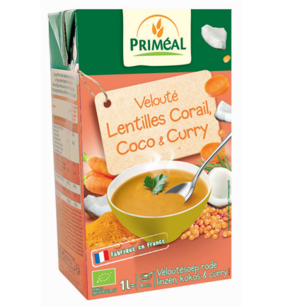 Priméal Indiase Soep Met Rode Linzen, Kokos En Curry Bio (1000 ml)
