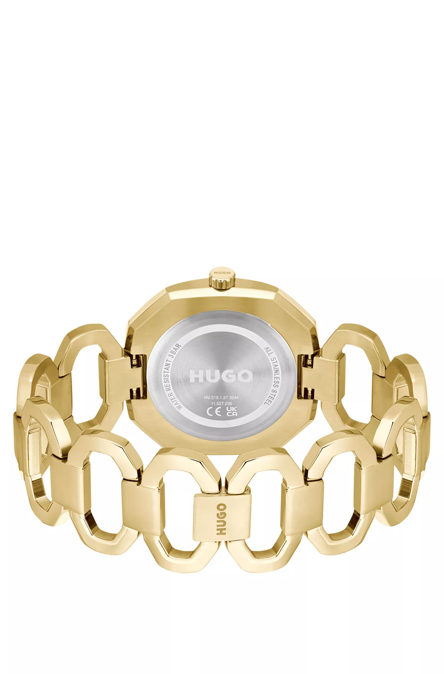 Relógio HUGO em tons de vermelho e dourado com pulseira de corrente.