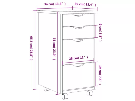 Armoire roulante avec tiroirs MOSS blanc bois de pin solide