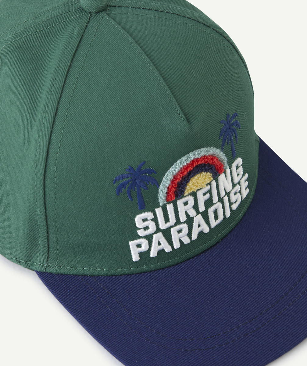 casquette garçon en coton kaki et bleu avec patch en bouclettes
