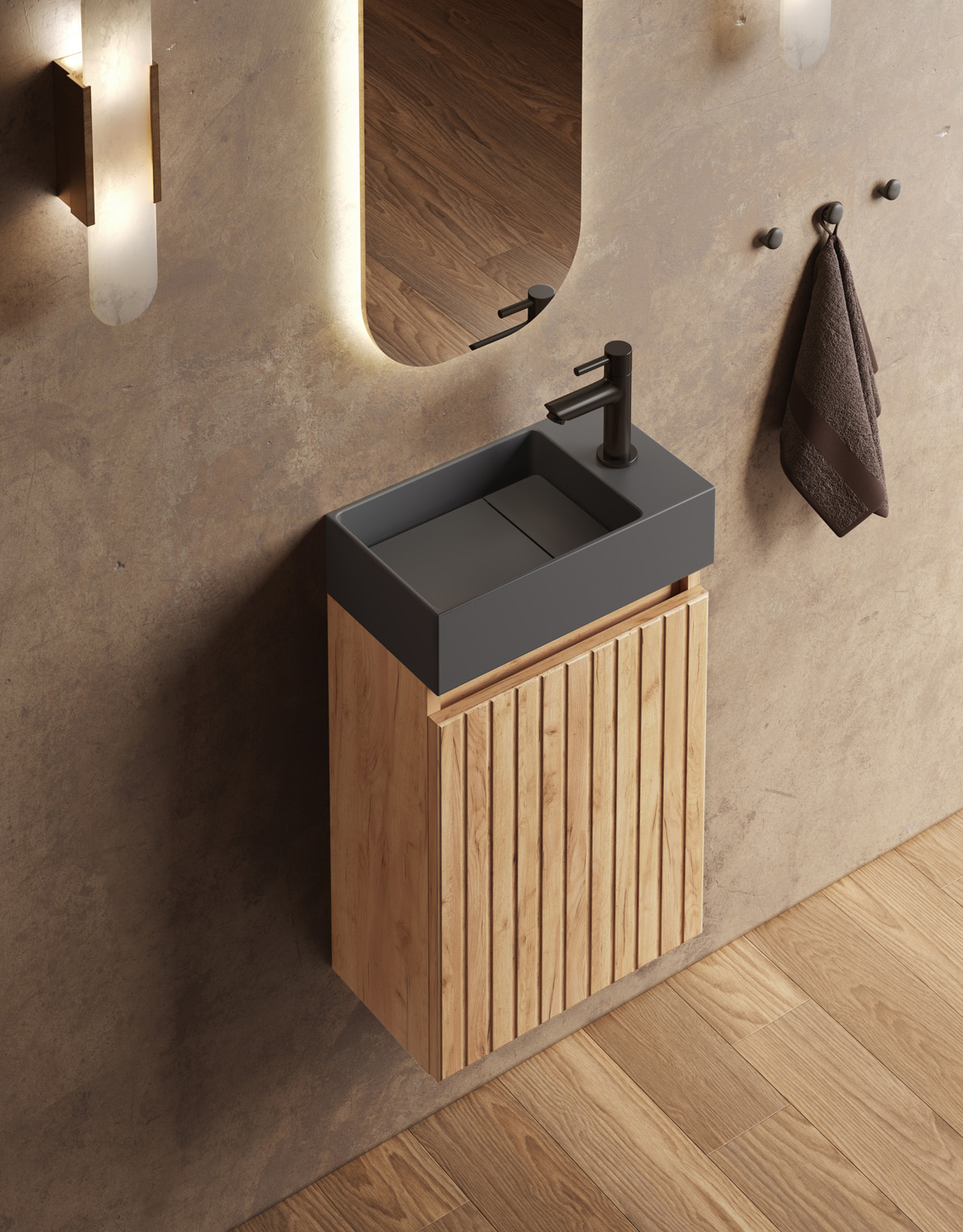 Fontana Itsie toiletmeubel warm eiken ribbelfront 40cm met fontein in mat antraciet