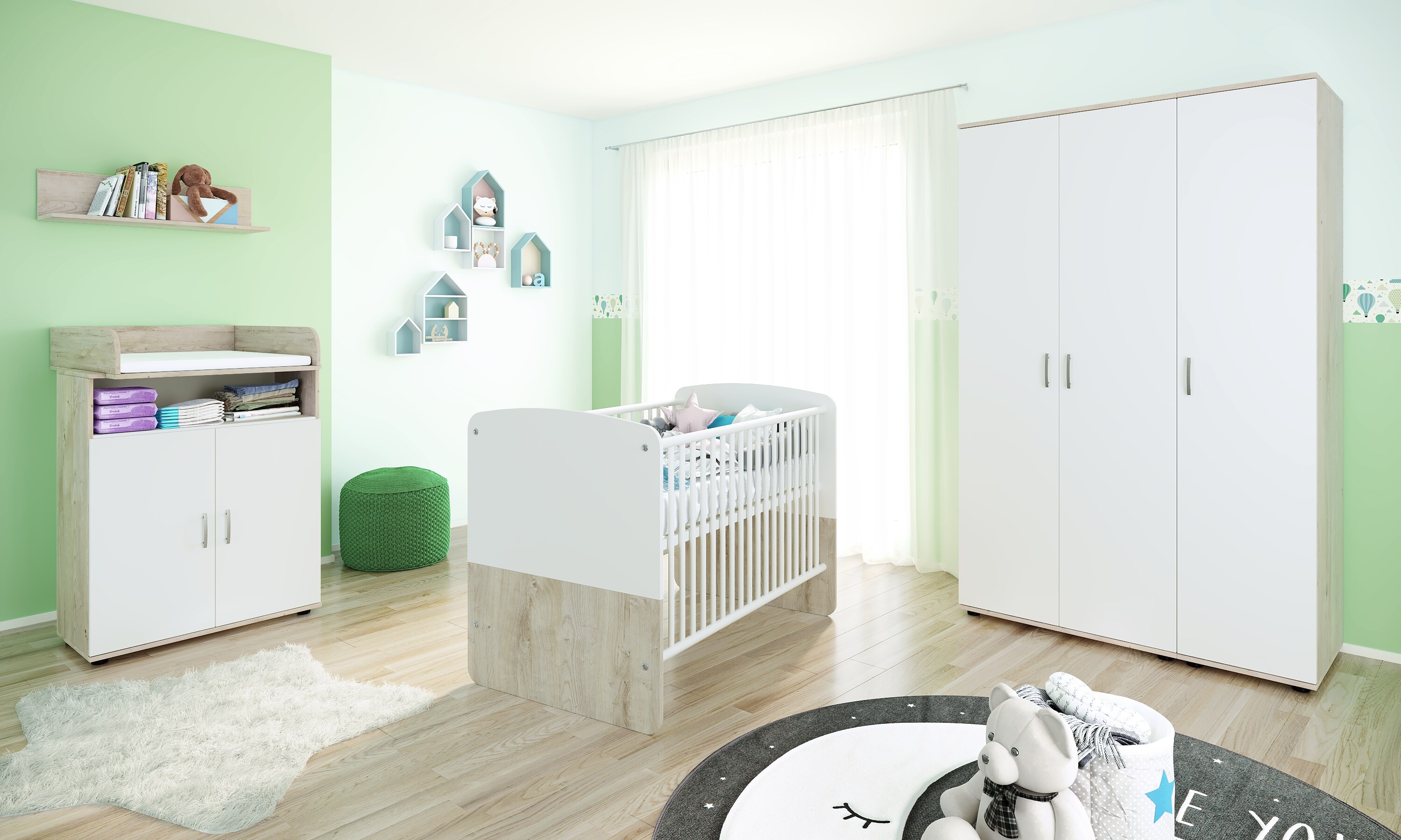 nonjoo. Babyzimmer Lani Set 7: best. aus Babybett, Kommode, Wickelaufsatz, Wandboard und Kleiderschrank 3-trg.