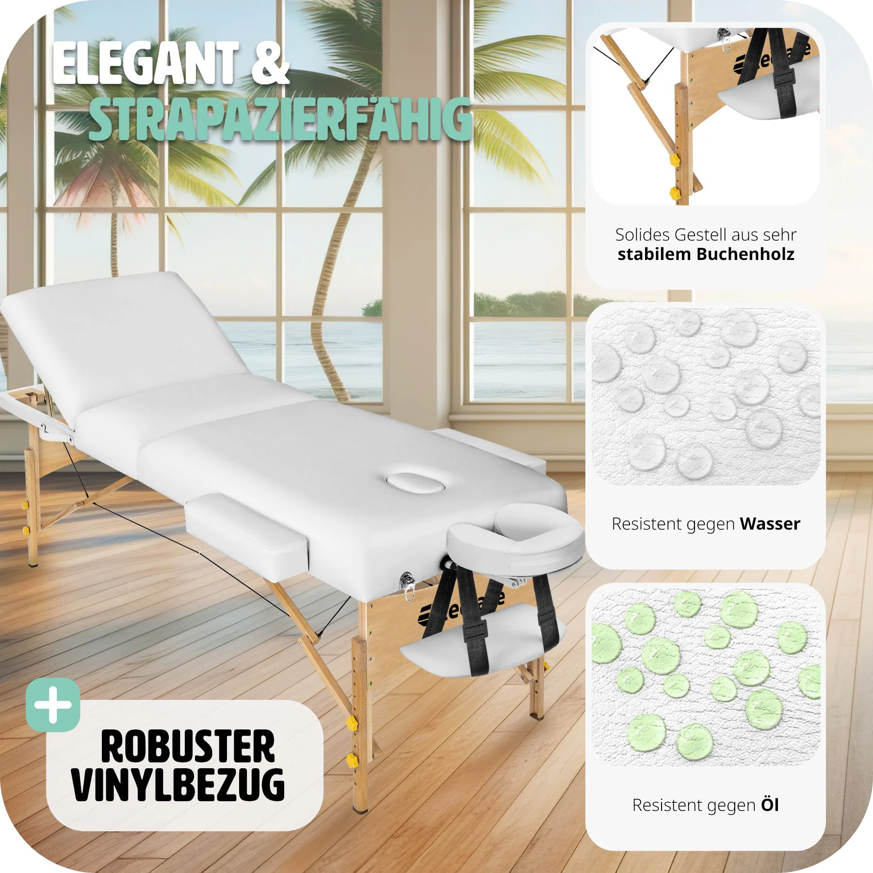 tectake® 3 Zonen Massageliege, Polsterung 10 cm, mit Holzgestell, verstellbare Ablagen für Kopf und Arme, 218 x 102 x 65 - 90 cm