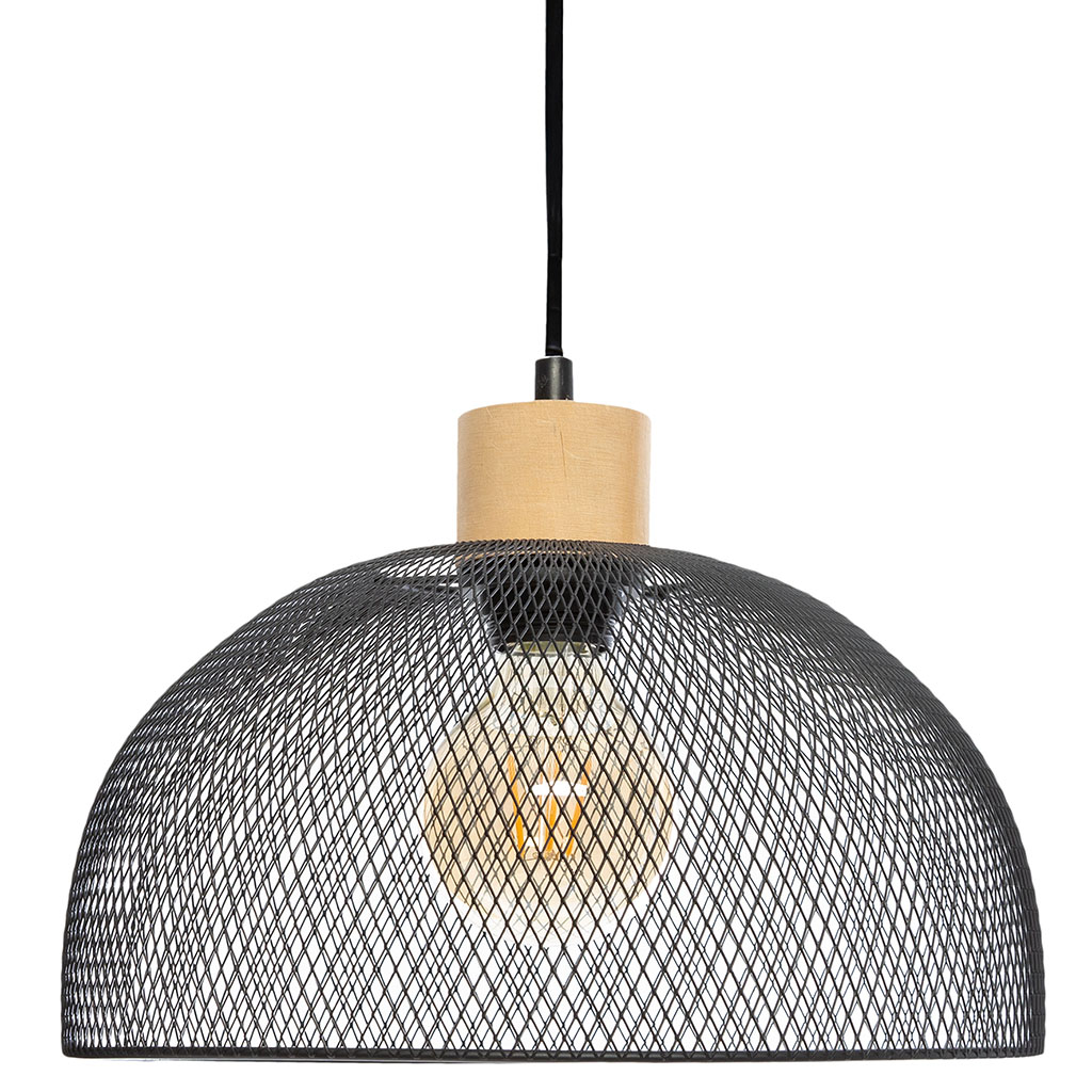 Suspension à fil grillagée métal et bois noire D 30cm