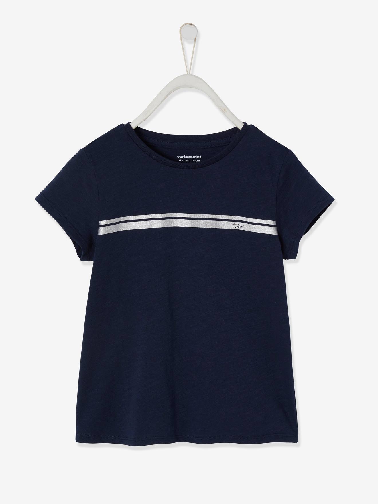 Camiseta esportiva listrada iridescente para meninas, lisa, branca clara com estampas.