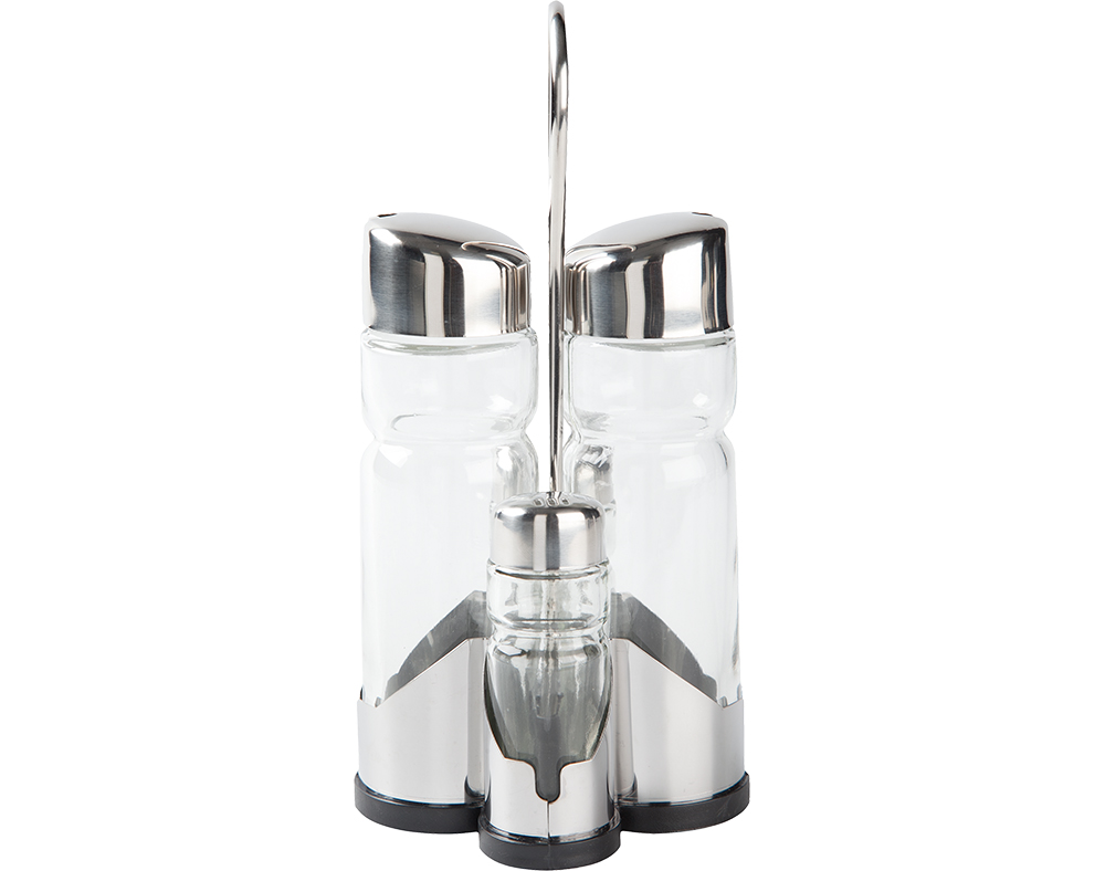 GALHETEIRO 5 PEÇAS COM SUPORTE GRILO VIDRO E EM INOX