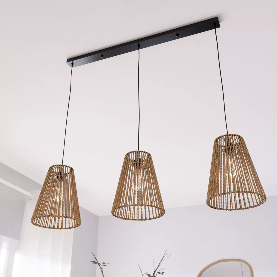 Suspension corde 3 abat-jours (77 cm) Giada Naturel et noir