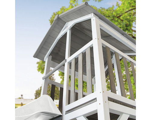 Axi Beach Tower speeltoren met dubbele schommel en glijbaan, wit hout, grijs, wit