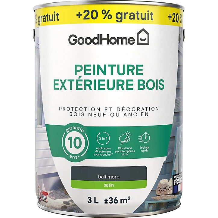 Peinture extérieure bois GoodHome Baltimore gris satin RAL 7016 2,5L + 20% gratuit