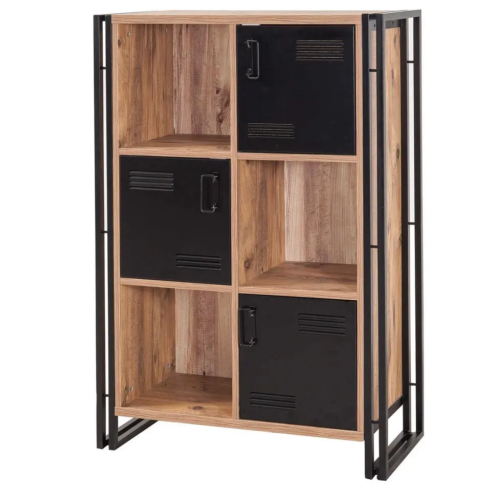 Boekenkast Sapphire - 89x35x127cm - 3 deuren - zwart metaal/eikdecor
