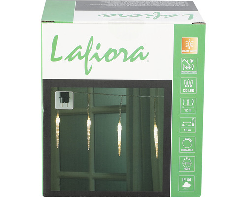 Lafiora ijspegelverlichtingsketting, 11,9 m lang + 10 m aansluitsnoer, 120 LED's, warm wit licht, inclusief timer en dimmer