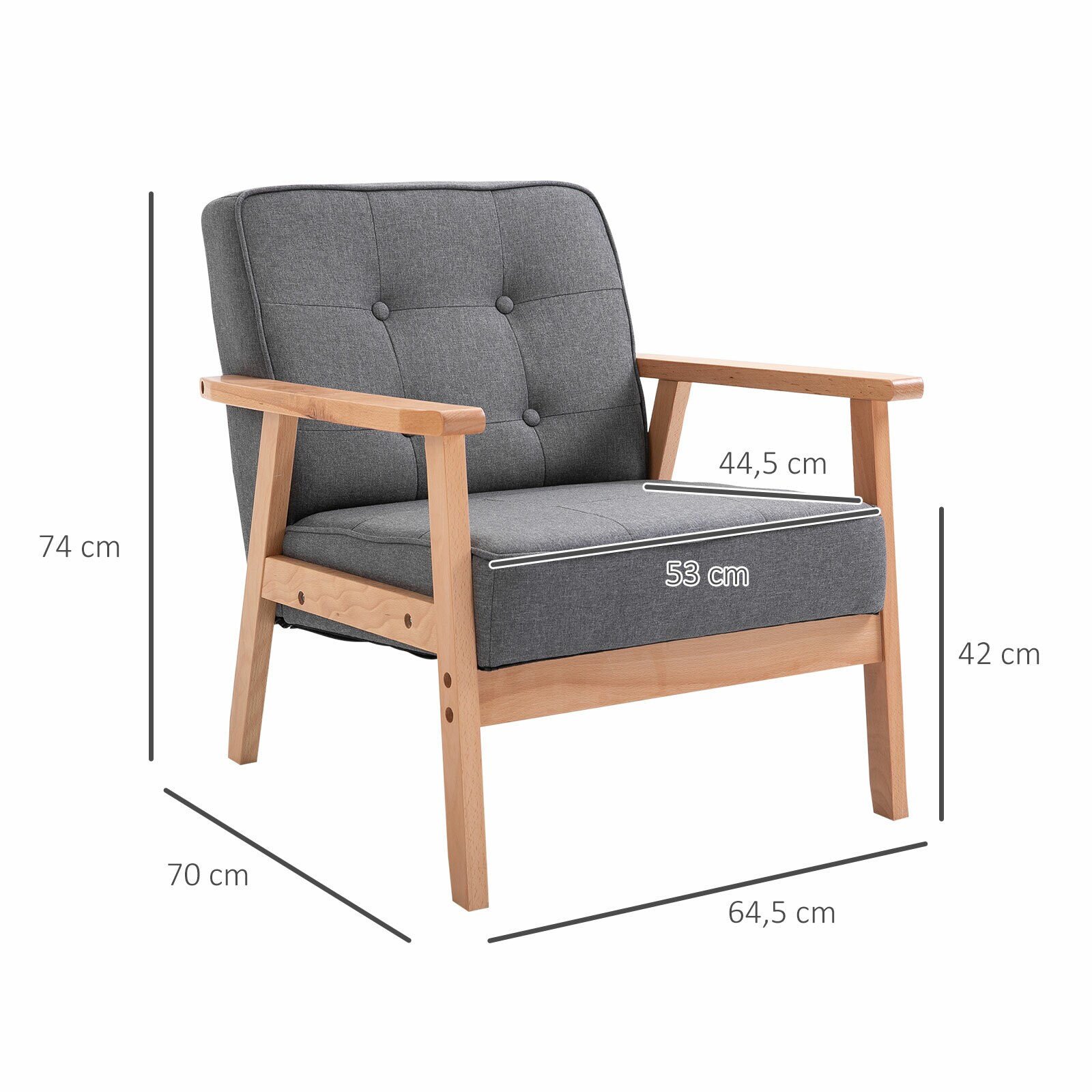 HOMCOM Polsterstuhl mit Armlehnen grau, natur 64,5 x 70 x 70 cm (BxTxH)