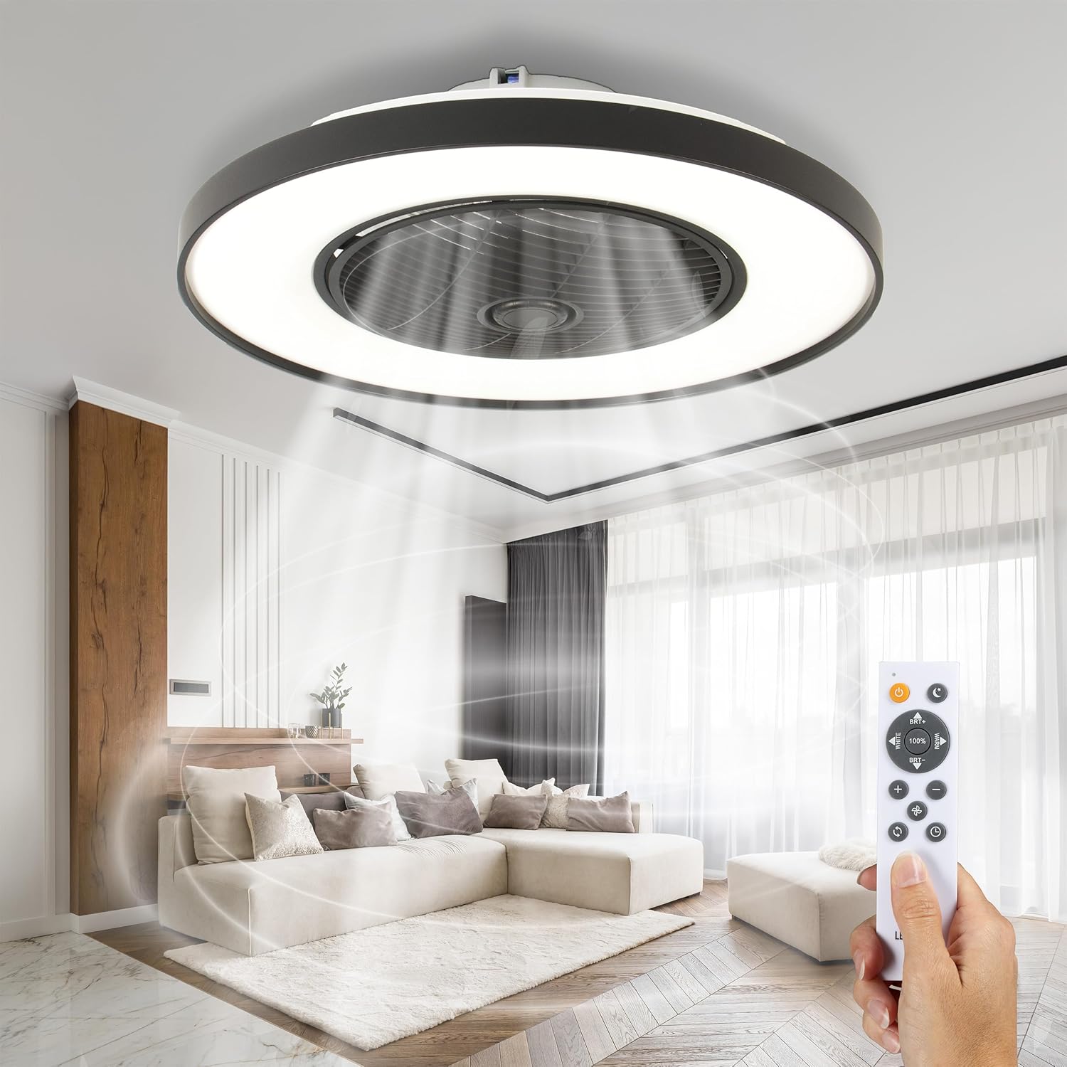 Proventa Deckenventilator mit beleuchtung, fernbedienung leise 60W-60cm, rotierende Luftverteilung, dimmbare LED Deckenleuchte mit Ventilator, neutralweißes Licht, Sommer & Wintermodus, fernbedienung