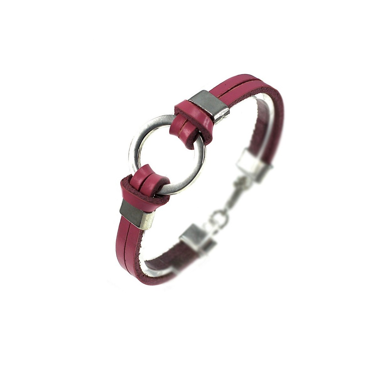 Bracelet métal et cuir rose
