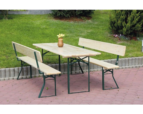 Biertentset, festivaltentset met rugleuning, 3-delig: tafel 220 x 70 cm, banken 220 x 25 cm, sparrenhout, natuurlijk groen