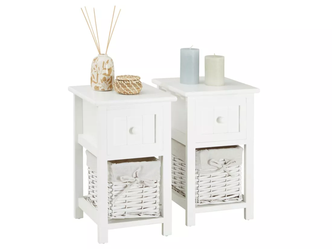 Lot de 2 tables de chevet MESSINA table de nuit avec 1 tiroir et 1 panier, en bois blanc